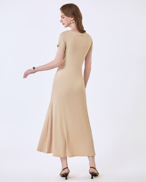 SIXDO G-Beige V-Neck Woven Flared Dress